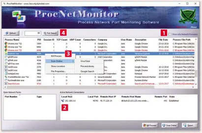  ??  ?? 1 By default, Process Network Monitor displays network-active processes only (in red). To see all running process, untick ‘Show only Network Processes’. 2 Click a red process to see informatio­n, such as its server’s IP address, in the Active Network...