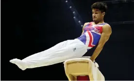  ?? Photograph: Molly Darlington/Reuters ?? Jake Jarman on the pommel horse during a practice session at the M&S Bank Arena in Liverpool.