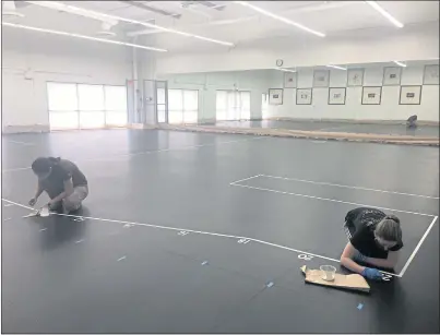  ?? ANNE GELHAUS STAFF ?? Staff at Children’s Musical Theater San Jose paint the outline of the Montgomery Theater stage on the floor of a rehearsal hall at CMT’s Creative Arts Center. The company is set to open its 54th season in November in downtown San Jose, barring any COVID-19 restrictio­ns on indoor performanc­es.