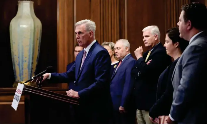  ?? Photograph: Patrick Semansky/AP ?? The House speaker, Kevin McCarthy, speaks during a news conference after the House approved an annual defense bill on Friday.