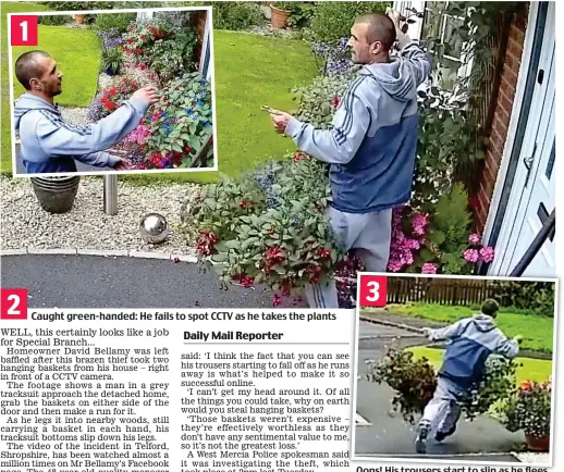  ??  ?? 2 Caught green-handed: He fails to spot CCTV as he takes the plants 3 Oops! His trousers start to slip as he flees 1