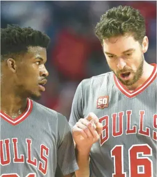  ?? NUCCIO DINUZZO/CHICAGO TRIBUNE 2016 ?? Jimmy Butler, left, and Pau Gasol were Chicago Bulls teammates. Tuesday night, Butler attended the retirement of Gasol’s jersey in Los Angeles.