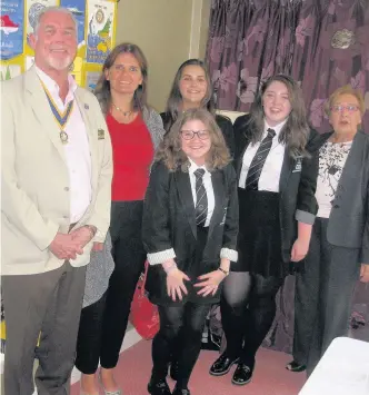  ??  ?? Tales from the tour From the left is East Kilbride Rotary Club president Leslie Irvine, Duncanrig Secondary’s Jane Ramsay, Heather Gildie, Brea Jenkins and Molly Fairley and Rotarian Kath Shanks