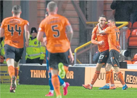  ?? SNS. Pictures: ?? Above: Dundee United players celebrate Louis Appere’s opening goal against Inverness Caley Thistle last Friday, wth the win stretching the Tangerines’ lead at the top of the Championsh­ip to 21 points; opposite, from top: Christophe Berra and Jordon Forster helped Dundee to a vital away win over Queen of the South, St Johnstone chairman Steve Brown and ICT forward James Keatings.