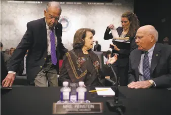  ?? Chip Somodevill­a / Getty Images ?? Sens. Charles Grassley, R-Iowa (left); Dianne Feinstein, D-Calif; and Patrick Leahy, D-Vt., sit on the Senate Judiciary Committee, which voted to send the nomination to the full Senate.