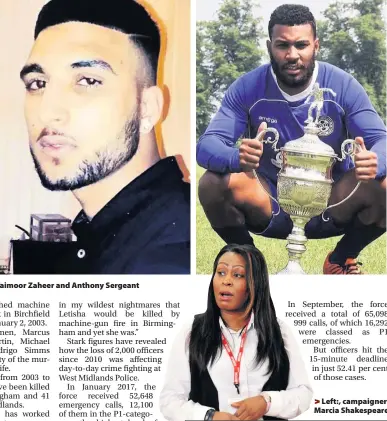  ??  ?? &gt; Gun victims, from left, Abdul Rahman Abubaker, Taimoor Zaheer and Anthony Sergeant &gt;Left:, campaigner Marcia Shakespear­e