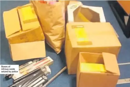  ??  ?? Boxes of nitrous oxide seized by police