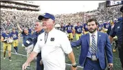  ?? JOE ROBBINS / GETTY IMAGES ?? Notre Dame coach Brian Kelly’s team comes off a 49-16 victory in its season opener against Temple. The Irish were a disappoint­ing 4-8 in 2016.