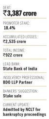  ??  ?? Consolidat­ed figures for 2016/ 17; Promoter stake as on Mar 2017; Accumulate­d losses between 2013/ 14 and 2016/ 17