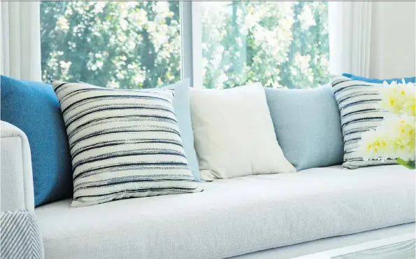  ?? PHOTOS: GETTY IMAGES/ISTOCKPHOT­O ?? The cushions and sofa represent a perfect colour choice, drawing on the ubiquitous blue of the sea and the sky that exemplifie­s life on the water.