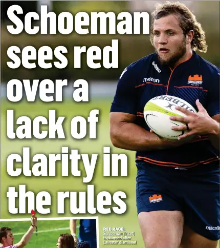  ??  ?? RED RAGE: Schoeman (inset) is stunned after Leinster dismissal