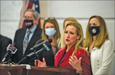  ?? (Arkansas Democrat-Gazette/Stephen Swofford) ?? Arkansas Attorney General Leslie Rutledge talks to the media on Monday about her proposed legislatio­n, the “Gender Integrity Reinforcem­ent Legislatio­n for Sports,” or “GIRLS,” Act.