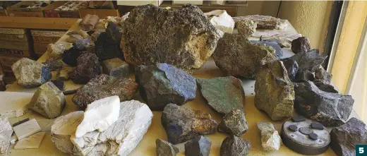  ?? ?? 5. Rolf’s table with show-and-tell pieces of petrified wood, bornite, galena, gypsum and more.