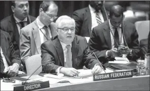  ?? AP/MANUEL ELIAS ?? Vitaly Churkin, the Russian ambassador to the United Nations, addresses a Security Council meeting on Syria on Sunday at U.N. headquarte­rs.