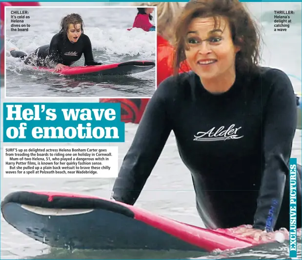  ??  ?? CHILLER: It’s cold as Helena dives on to the board THRILLER: Helena’s delight at catching a wave