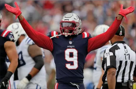  ?? MATT STONE — BOSTON HERALD ?? Patriots star Matthew Judon celebrates one of his sacks this past season. Will the Patriots look to restructur­e his contract to increase their salary cap flexibilit­y?