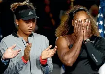  ?? GETTY IMAGES ?? The serve, the volley and the upshot as Serena Williams pleads with referee Brian Earley, destroys her racket and hides her face while standing next to her conqueror, Naomi Osaka.