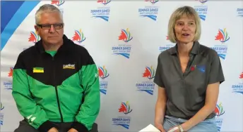  ?? Photo by Matthew Liebenberg ?? Games Manager Denise Barbier speaks about the first phase of the 2019 Western Canada Summer Games during a media briefing, Aug. 14. Seated next to her is Team Saskatchew­an Chef de Mission, Mark Bracken.