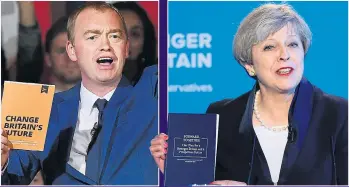  ??  ?? READY FOR BATTLE: Tim Farron, Theresa May and Jeremy Corbyn each holding a copy of their party’s manifesto