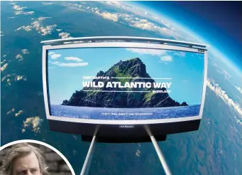  ??  ?? Earth’s first interstell­ar tourism campaign has taken off as Tourism Ireland celebrated the imminent release of ‘The Last Jedi’ starring Mark Hamill (left) by sending a poster into space