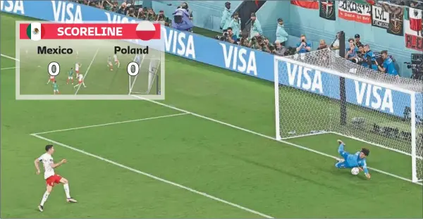  ?? (AFP) ?? Mexico’s goalkeeper Guillermo Ochoa stops a penalty kick by Poland’s forward Robert Lewandowsk­i during the Qatar 2022 World Cup Group C football match between Mexico and Poland at Stadium 974 in Doha on Tuesday.