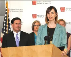  ?? FILE PHOTO BY HOWARD FISCHER CAPITOL MEDIA SERVICES ?? GOV. DOUG DUCEY AND STATE schools chief Kathy Hoffman earlier this year brief the media on school closures.