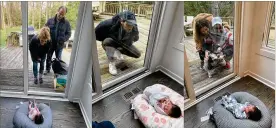  ?? JEN GUYURON VIA AP ?? This combinatio­n of photos shows Suzy and Ricky Stone visiting with their granddaugh­ter Gigi Guyuron through a window of their daughter Jen Guyuron’s home in April 2020 in Cleveland (left), Guyuron’s brother Bryan Stone visiting in March 2020 (center) and Jen Charet and Jason Charet visiting with Gigi last April.