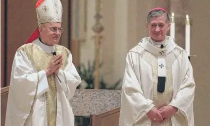  ?? SUN-TIMES FILE ?? Archbishop Blase Cupich (right) with the Rev. Carlo Maria Vigano at Holy Name Cathedral on Aug. 23, 2015. Vigano has written that Cupich’s appointmen­t to Chicago was “orchestrat­ed” by Theodore McCarrick.