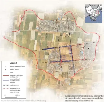  ?? Source: Chinese Academy of Social Sciences' Institute of Archaeolog­y ?? An illustrate­d map of Erlitou shows the city was divided into separate grids by crisscross­ing road networks.