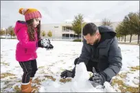  ?? CHRISTOPHE­R DEVARGAS ?? Pierre Karout and his 3-year-old daughter, Rita Maria, build a snowman in Downtown Summerlin.