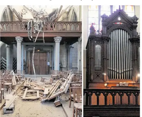  ??  ?? Depuis lundi 6 novembre, l’église Saint-Jacques à Saint-James est fermée au public. Une partie du plafond s’est écroulée.