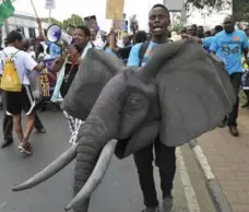  ?? SIMON MAINA/AFP/GETTY IMAGES ?? Members of the non-profit organizati­on Save the Elephants demonstrat­e in the streets during an anti-poaching march in Nairobi on Saturday.