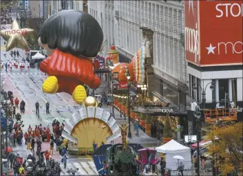 ?? AP photo ?? Floats that are part of the modified Macy’s Thanksgivi­ng Day Parade are seen from the Empire State Building in New York on Thursday. Due to the pandemic, no crowds of onlookers were allowed to attend the annual parade.