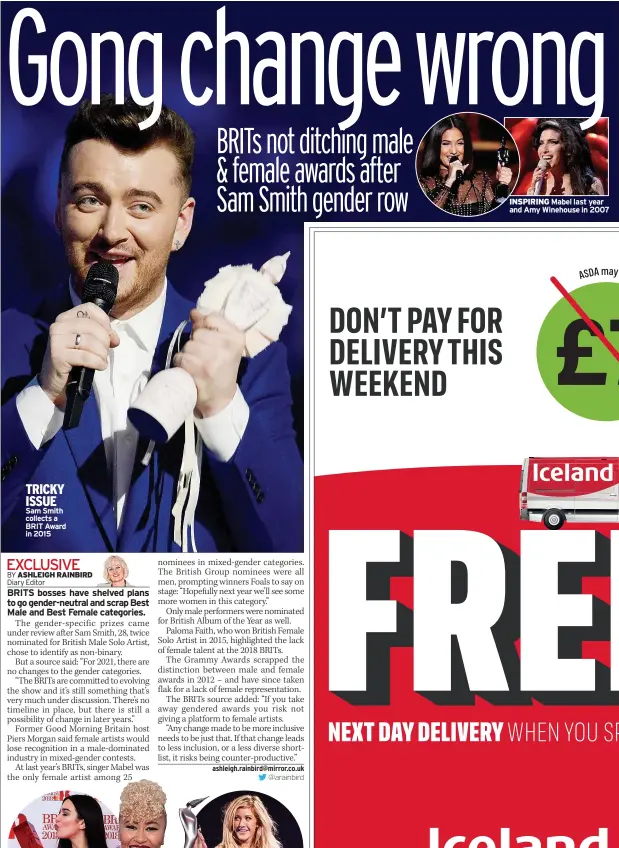  ??  ?? TRICKY ISSUE Sam Smith collects a BRIT Award in 2015
INSPIRING Mabel last year and Amy Winehouse in 2007