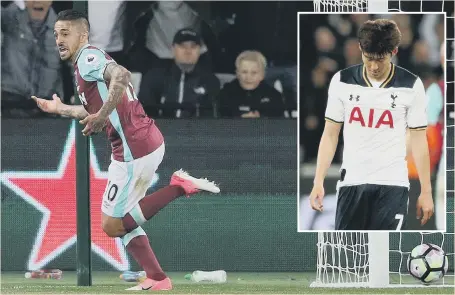  ??  ?? Manuel Lanzini races away to celebrate hitting West Ham’s winner against old rivals Spurs, as Son Heung-Min despairs at the final whistle (inset).