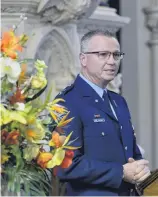  ??  ?? Rememberin­g sacrifice . . . Southern district police commander Superinten­dent Paul Basham speaks during the remembranc­e day service held at First Church in Dunedin yesterday.