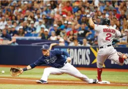  ?? (Reuters) ?? BOSTON RED SOX shortstop Xander Bogaerts (2) is safe at first base as Tampa Bay Rays first baseman Logan Morrison is late on the catch during the first inning of a game the Rays’ won 1-0 at home over the Red Sox on Saturday night.