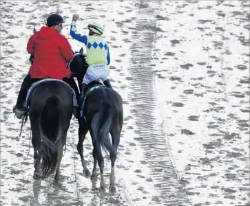  ?? Charlie Riedel Associated Press ?? A SMOOTH TRIP on a soggy track won the Kentucky Derby for Always Dreaming and left jockey John Velazquez in a goo d mood. The colt will ship to Baltimore for the Preakness, a race many Derby horses may skip.