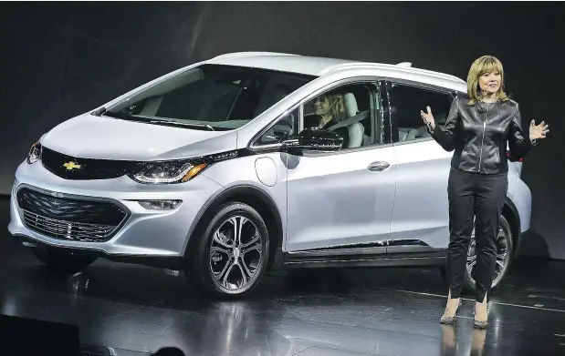  ?? — GETTY IMAGES FILES ?? GM chief executive Mary Barra introduces the Chevy Bolt in 2016 in Las Vegas.