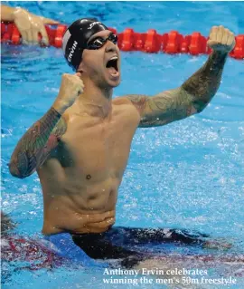  ??  ?? Anthony Ervin celebrates winning the men's 50m freestyle