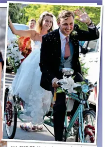  ??  ?? ALL SMILES: Meghan beams as she arrives yesterday, far left, and leaves with Harry. Above: The newly-weds head off from church on a trike