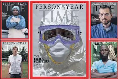 ??  ?? The covers of the December 10, 2014, issue of Time are shown in this handout photo. The magazine named those fighting Ebola its 2014 Person of the Year, applauding the work of medical relief teams, doctors, nurses, ambulance drivers and burial teams in...