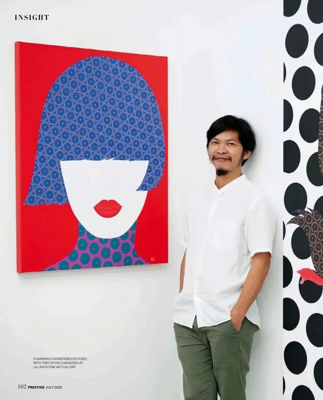  ??  ?? CHAMNAN CHONGPAIBO­ON POSES WITH TWO OF HIS CANVASSES AT LA LANTA FINE ART GALLERY