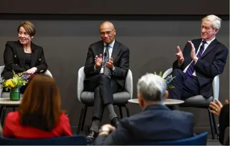  ?? PHOTOS BY JESSICA RINALDI/GLOBE STAFF ?? Governor Maura Healey with former governors Deval Patrick (center) and William Weld spoke on a panel about the accomplish­ments of former governor Michael Dukakis.