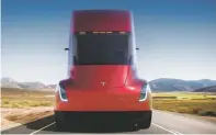  ?? TESLA VIA AP ?? The front of the new electric semitracto­r-trailer unveiled Thursday. The move fits with Tesla CEO Elon Musk’s stated goal for the company of accelerati­ng the shift to sustainabl­e transporta­tion.