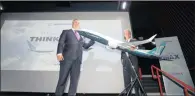  ?? Photo: Bloomberg ?? Kevin McAllister, the chief executive of commercial aircraft at Boeing, left, and chief executive officer Dennis Muilenburg with a model of a Boeing 737 Max 10 passenger jet during a news conference at the Internatio­nal Paris Air Show.