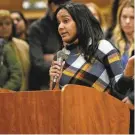  ?? PHOTOS BY KEVIN R. WEXLER/NORTHJERSE­Y.COM ?? Patricia Marquez addresses the Lincoln Park Board of Education on Tuesday. Marquez, the mother of a student, said she worries that the school system will decline because of potential cuts.