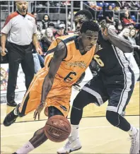  ?? PHOTO SPECIAL TO THE GUARDIAN BY PHIL MATUSIEWIC­Z ?? Island Storm guard Franklin Session drives past Saint John Riptide guard Marvin Binney in NBL of Canada action Sunday in Charlottet­own. The team play for the third straight game Tuesday in Saint John, N.B.