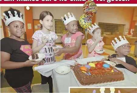  ?? STAFF PHOTOS BY PATRICK WHITTEMORE ?? MAKE A WISH: Students, left to right, Mahalia Brown, Juliana Sosa, Ja’lanie Williams, Jalaina Sosa and LeMar Beck enjoy their birthday cake yesterday at a party thrown by the BPS Homeless Education Resource Network. Teacher Mariano Humphrey, right,...