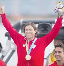  ?? DARREN CALABRESE/ THE CANADIAN PRESS ?? Ryan Dodd of Canada celebrates after winning the gold medal in men’s jump water- skiing at the 2015 Pan Am Games on Thursday.